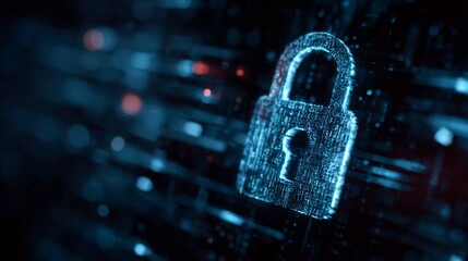Digital padlock with binary code pattern floating against a dark blue abstract background