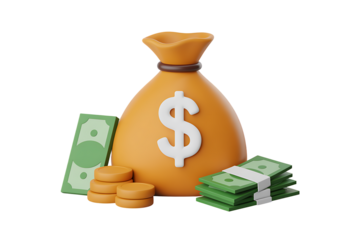 3D render of a money bag with dollar bills and coins, isolated on transparent background, PNG
