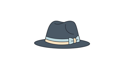 Classic dark grey fedora hat illustration with a striped blue and yellow ribbon bow.