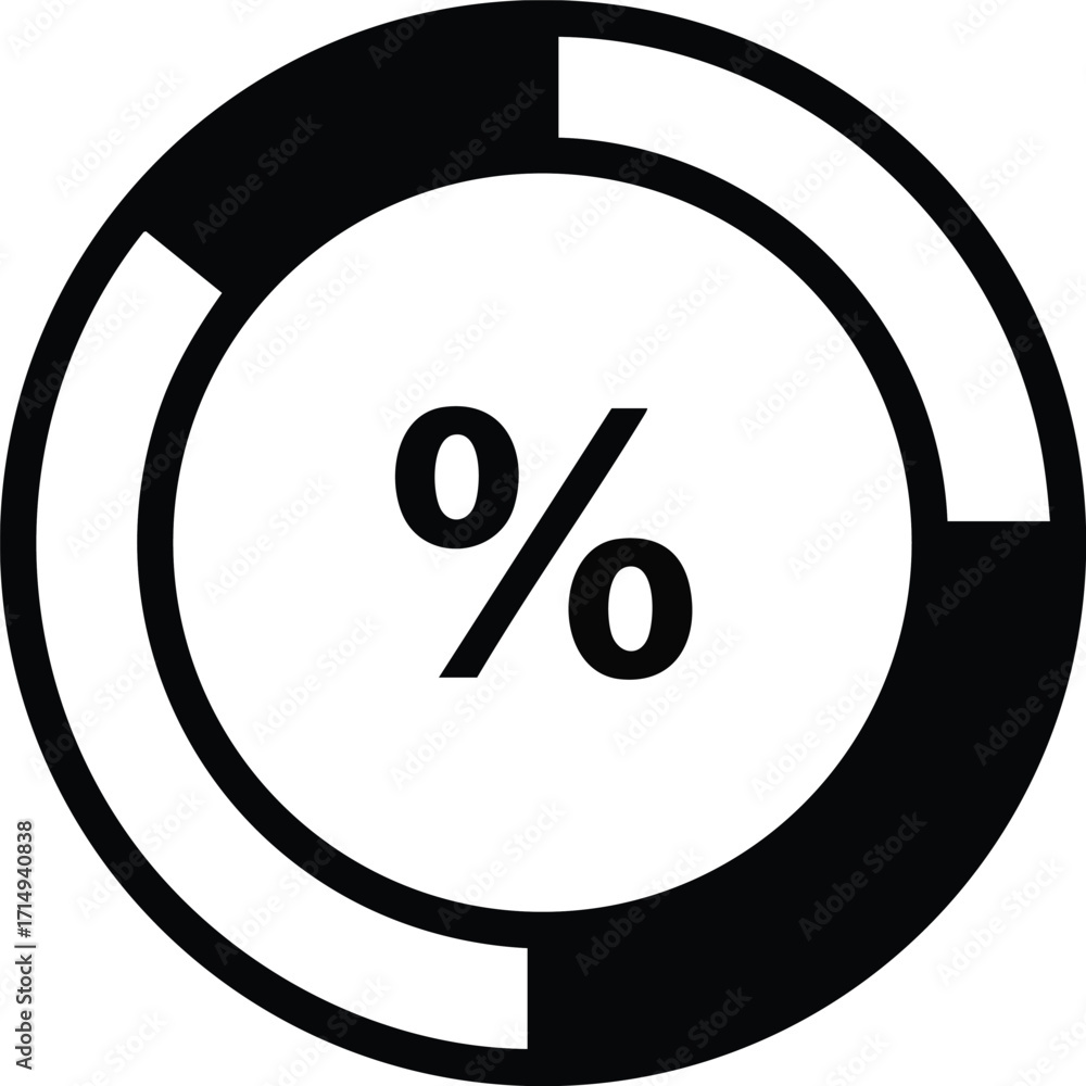 Poster percentage progress circle icon with segmented black and white design for data visualization and sta