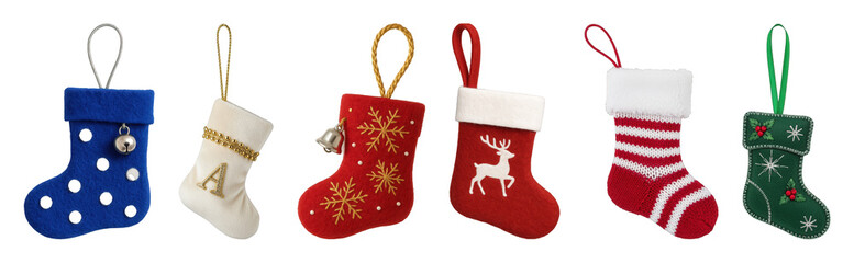 Christmas stocking set including felt, knitted, and velvet designs with bells, reindeer, and snowflake motifs isolated. Holiday decor and festive celebration.