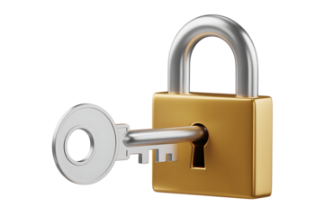 3D render of a golden padlock with a key in the keyhole isolated on a transparent background, PNG
