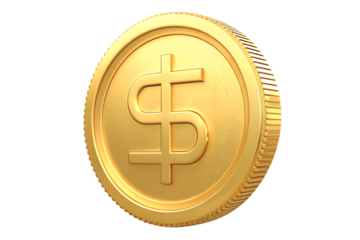 Golden dollar coin with a dollar sign isolated on white background