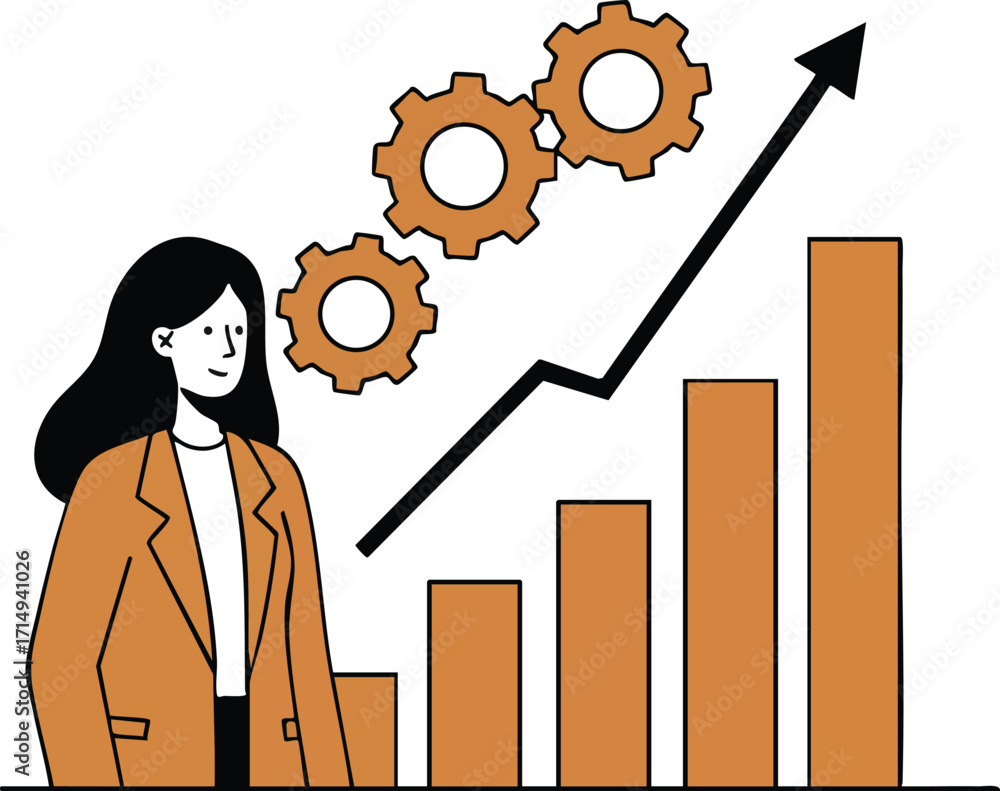 Poster businesswoman analyzing growth chart with rising bar graph and gears symbolizing progress and teamwo