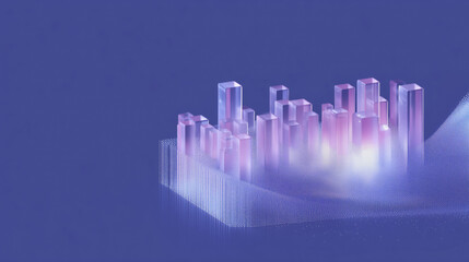 3D pixel city with glowing violet structures