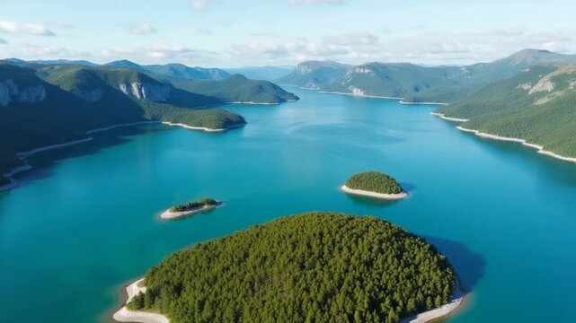 Lovatnet Lake with Turquoise Water and Green Islands. Beautiful Nature of Norway. Aerial View. Drone is Orbiting Around and Ascending