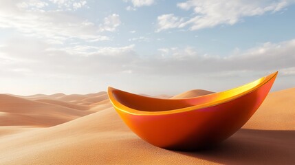 A vibrant orange vessel resting in the serene desert adrift a dreamlike journey under endless sky with warm