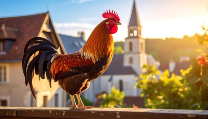 Rooster on a fence at sunrise over a European town