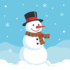 A cheerful snowman with a black top hat, a striped scarf, and a carrot nose, standing in a snowy landscape with snowflakes falling, symbolizing winter joy.