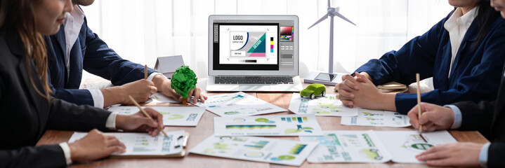 Graphic designer software for modern design of web page and commercial brisk ads showing on the...