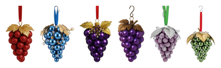 Beaded grape cluster ornament set including red glitter, blue metallic, two purple, frosted, and green styles isolated. Elegant Christmas and holiday season decor.