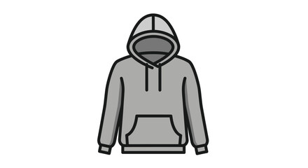 Simple Grey Hooded Sweatshirt Illustration with Front Pocket and Drawstrings.