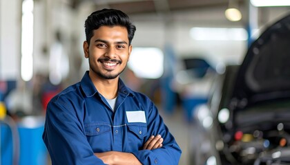 A smiling mechanic in a garage