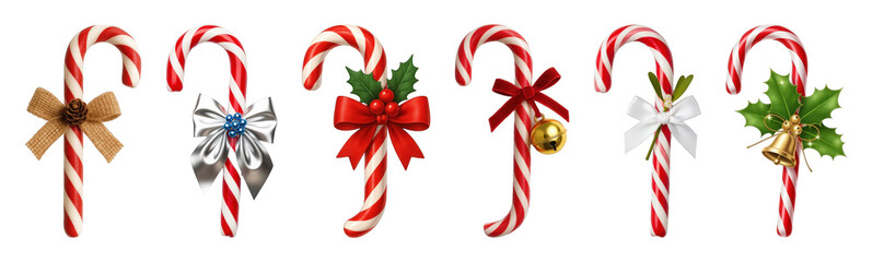 Festive candy cane set including various bows, bells, holly, and mistletoe isolated. Christmas holiday decorative elements.