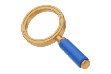 Golden magnifying glass with a blue handle on a grey background, isolated on transparent background, png

