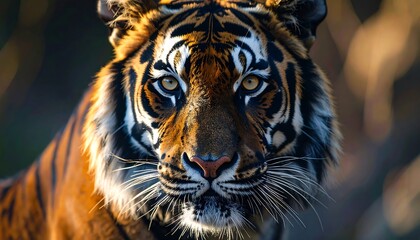 Naklejka premium A close-up portrait of a regal, majestic feline, its expressive eyes staring intently forward, bathed in warm, natural light