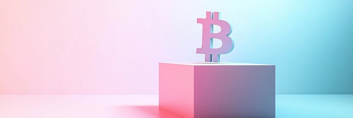 Innovative bitcoin symbol placed on a sleek cube in a modern, colorful setting with soft lighting
