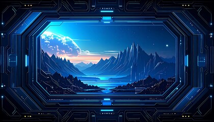 Futuristic window view of a serene alien landscape
