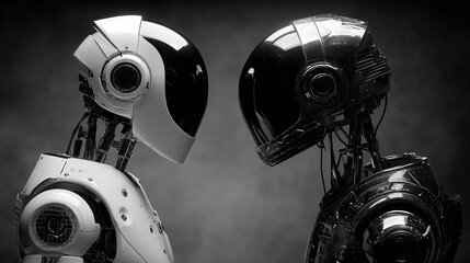Futuristic robots face off showcasing advanced AI and technology concepts with sleek designs