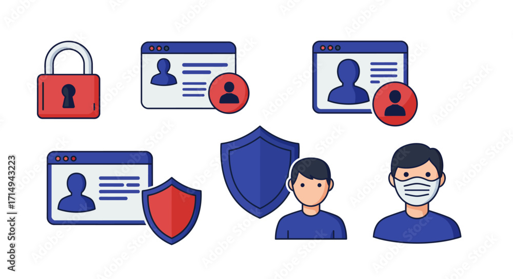 Poster cybersecurity protection icons with user privacy and security elements