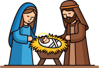 A Nativity scene depicting the birth of Jesus with Mary and Joseph lovingly looking over the baby Jesus in the manger, under the bright Star of Bethlehem.