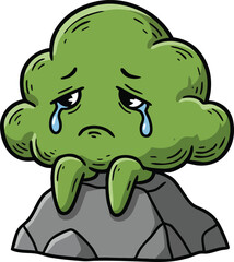 Obraz premium Sad crying tree character sitting on gray rock with drooping branches and teary eyes vector illustration 