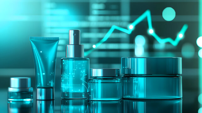 Teal Skincare Bottles with Digital Overlay and Growth Chart