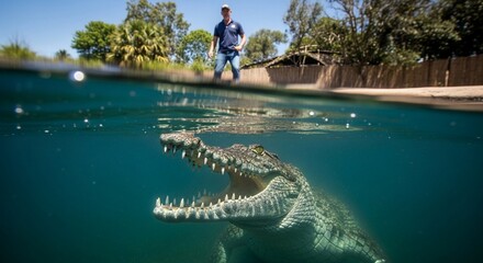 A large crocodile with open jaws emerges from water, a person stands nearby.