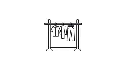 Line art illustration of clothes hanging on a portable garment rack.