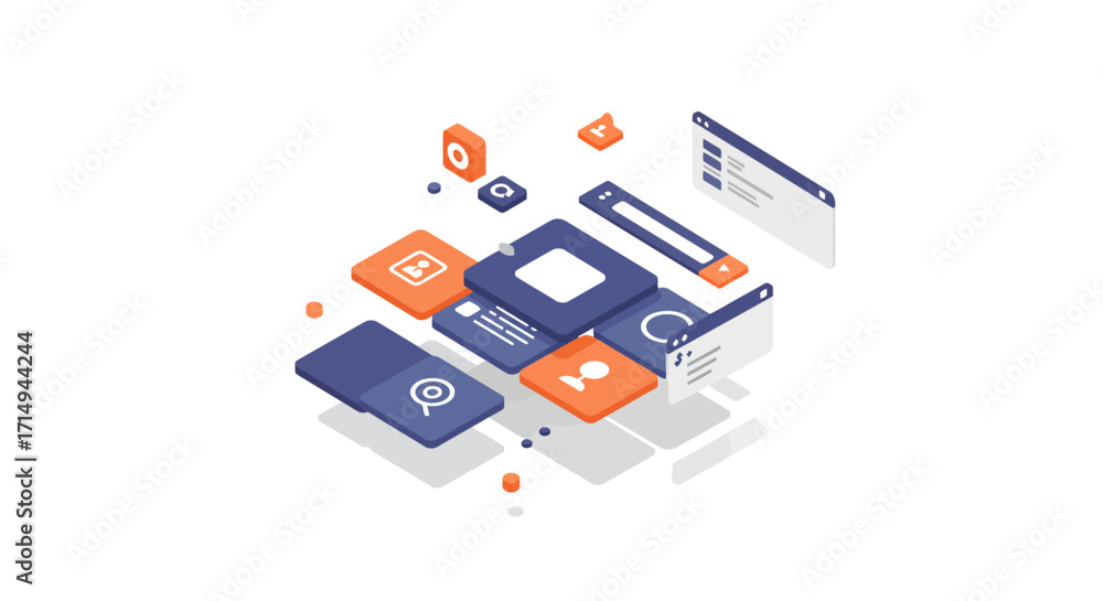 Poster isometric tech interface with modern icons and social media elements