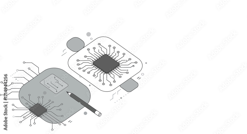 Poster futuristic technology design featuring microchip with circuit elements and pe…