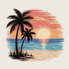 Hand-Drawn Beach Sunset with Palm Tree © icon center