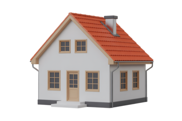 3D illustration of a simple house with a red roof on a grey background, isolated on transparent background, png


