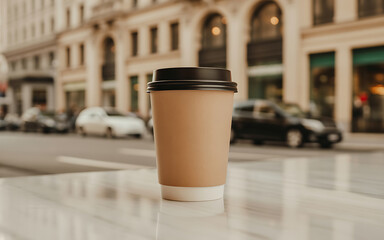 To go coffee cup on a marble table in a city street