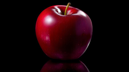 Crimson Temptation: A solitary, perfectly ripe red apple gleams against a stark black backdrop, evoking both the allure of forbidden pleasure and the essential purity of nature's bounty.