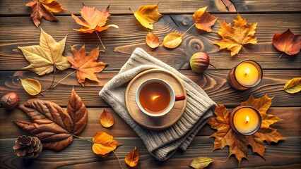 Cozy autumn scene with a warm cup of tea surrounded by fallen leaves and lit candles on a rustic wooden table, creating a hygge atmosphere