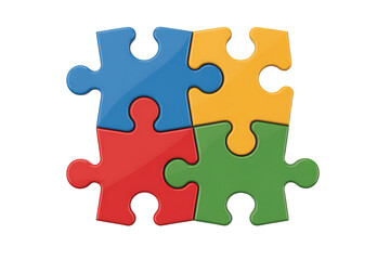 Obraz premium Four interconnected colored puzzle pieces symbolizing teamwork, isolated on transparent background, png