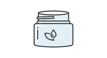 Simple Line Art Icon of a Cosmetic Jar with Leaf and Drop Symbol.