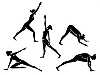 Abstract black silhouettes of yoga practitioners, minimalist vector style, random arrangement across beige canvas, serene visual rhythm.