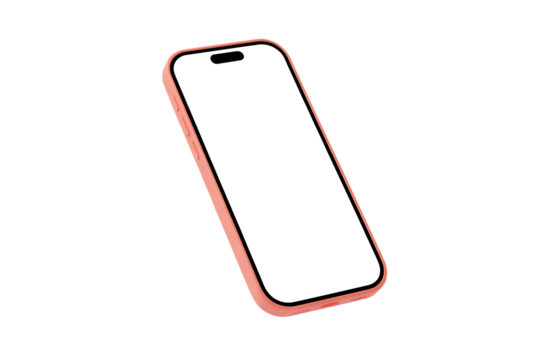 Pink smartphone with a blank white screen floating in the air, isolated on transparent background, png


