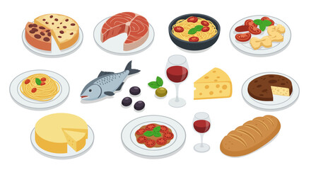 Assorted european cuisine with cheese, pasta, bread, and wine in isometric style