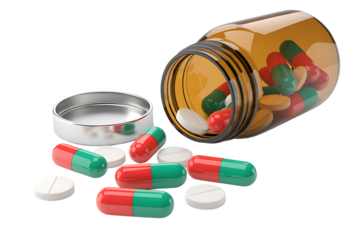 A spilled amber medicine bottle with colorful pills and capsules, isolated on transparent background, png

