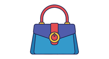 Stylish Blue and Purple Handbag with Red Handle and Gold Buckle.