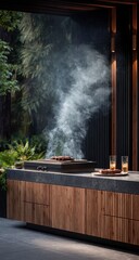 Outdoor kitchen grilling steaks, smoky scene