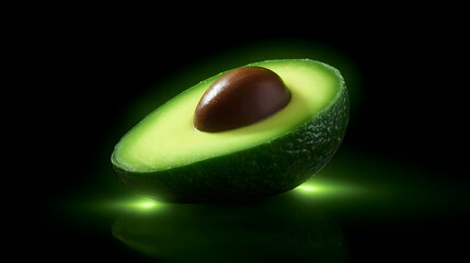 Avocado Brilliance: A fresh, sliced avocado, with its vibrant green flesh and dark seed, glows invitingly against a deep black backdrop, showcasing its natural beauty.