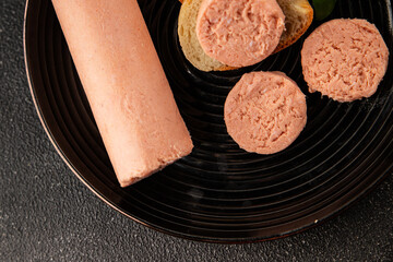 Sausage spread sandwich pork spread natural product tasty snack fresh delicious gourmet food background on the table rustic top view copy space