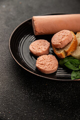 Sausage spread sandwich pork spread natural product tasty snack fresh delicious gourmet food background on the table rustic top view copy space