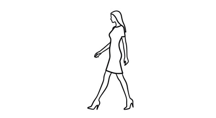Simple Black Outline Drawing of a Woman Walking in a Dress.