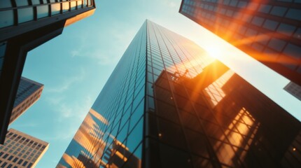 Reflective skyscraper business office buildings. Bottom up view of big modern city urban landscape