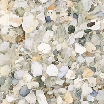 Seamless watercolor texture of a gravel path with small, smooth pebbles in pale and muted tones of gray, green, and beige. A soft, painterly style.
